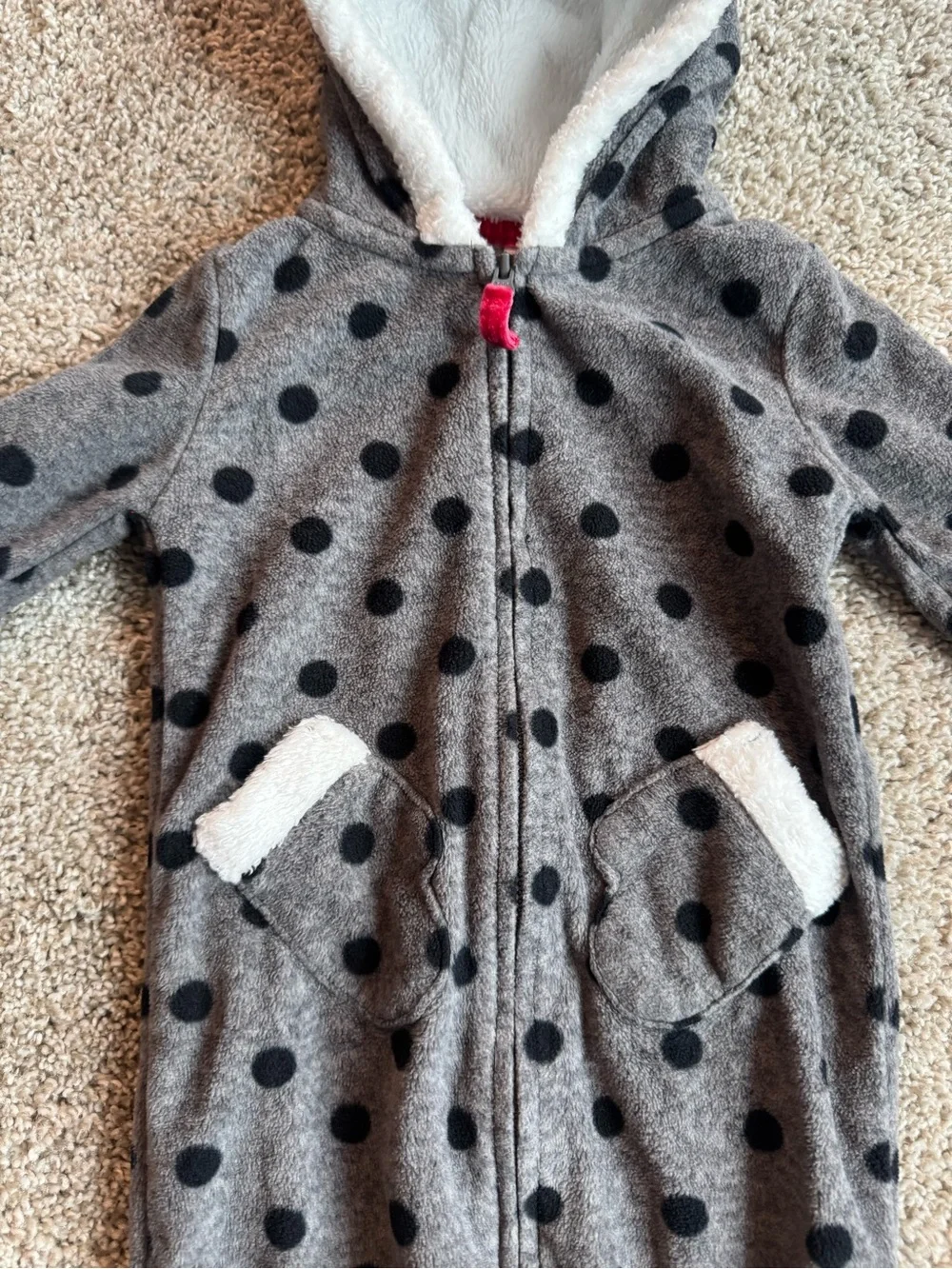 Carter’s Baby Fleece One Piece Size 9M Gray Polka Dot Hooded Zip Romper